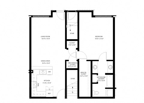 Floor plan for 1 bed, 1 bath, 855 sqft